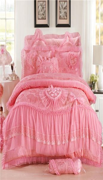 Juego de cama de lujo con forma de corazón rosa de 4 Uds., ropa de cama King queen, ropa de cama para boda, sábanas de algodón, juego de funda nórdica de encaje de princesa 357 R26065320