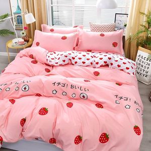 4 Stuks Roze Aardbei Kawaii Beddengoed Set Luxe Queen Size Lakens Kinderen Quilt Zacht Dekbed Katoenen Beddengoed Sets Voor meisje C1266y