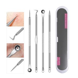 4PCS Kit de herramientas para eliminar espinillas Juego de limpieza profesional de doble cabezal Extractor de acné y espinillas de acero inoxidable Cuidado de la piel Limpiador de poros faciales de belleza