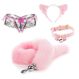 4 pièces ensemble de costumes de bondage de jeu de rôle oreilles de chat bandeau en dentelle sans entrejambe GString queue godemichet anal nœud papillon tour de cou sexy Toys9430682