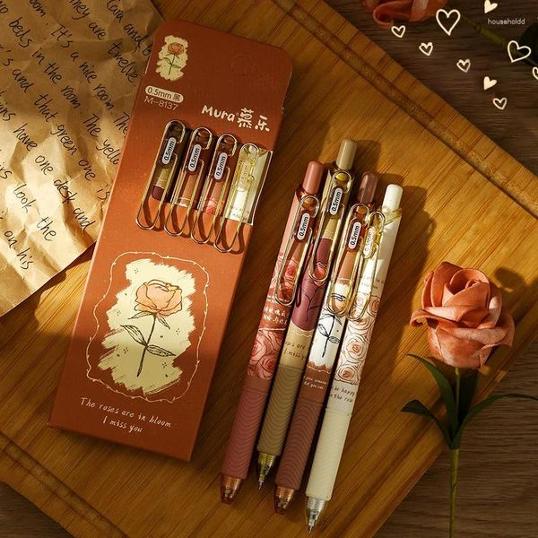 Stylos Gel Roses romantiques Vintage, 0.5mm, encre noire neutre, papeterie coréenne Kawaii, fournitures de bureau pour Signature, 4 pièces