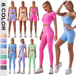 4 stks Seamles Sport Set Dames Paars Twee 2 Stuk Crop Top T-shirt Bra Legging Sportuit Workout Outfit Fitness Draag Yoga Gym Sets 210802