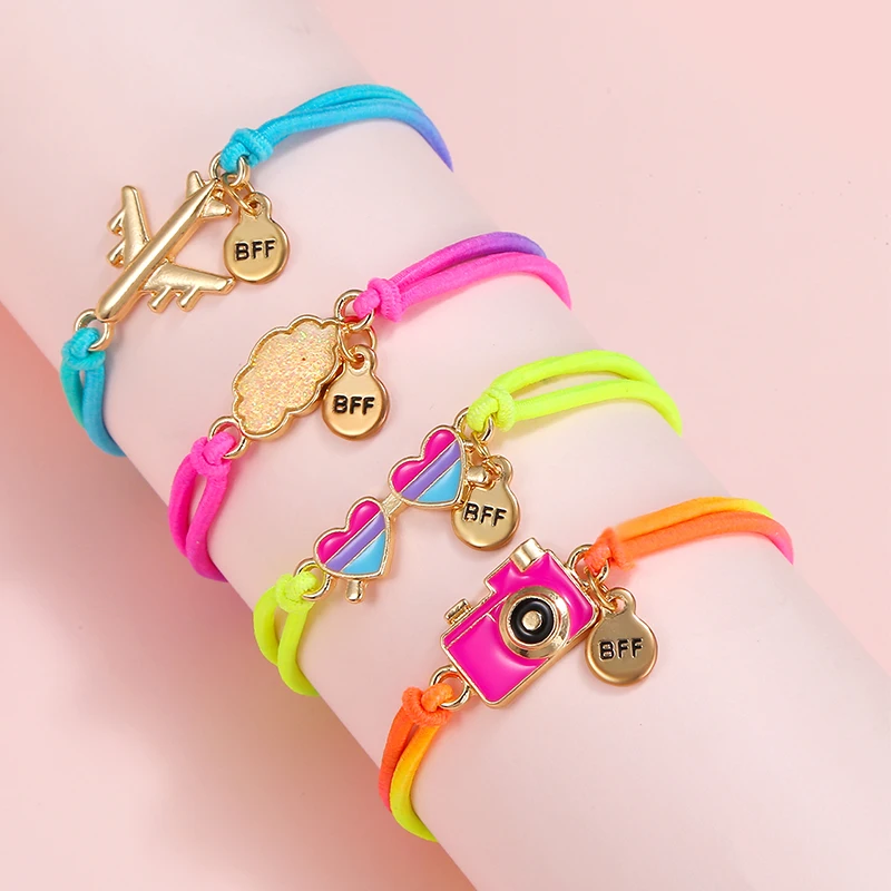 4Pcs/set Airplane Cloud Heart Camera Charm Bracelets Gradient Color Cord Colorful Elastic Rope Hairband for Girl Friendship Gift