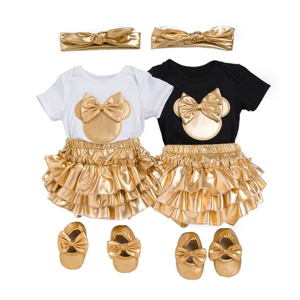 4pcs / set bébé fille barboteuse vêtements ensemble coton combinaison doré volants bloomers shorts chaussures bandeau costume né vêtements costume 210816