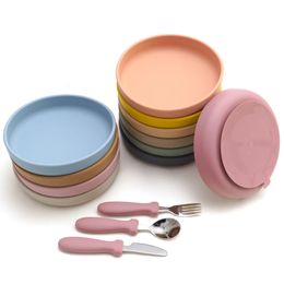 4 unids/set platos de silicona para bebé plato de comedor con tazón con ventosa cuchillo de acero inoxidable tenedor cuchara libre de BPA vajilla de alimentación para niños 231229