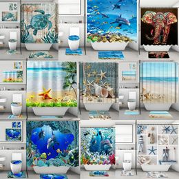 4-stks/set badkamer douchegordijn toiletmat oceaan strand zeester shell dolphine octopus bedrukte waterdichte toiletwaskamer badmatten gordijnen met niet-slip tapijtdapper