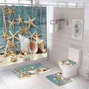 4 pièces/ensemble salle de bain rideau de douche tapis de toilette océan plage étoile de mer coquille dauphin imprimé étanche salle de bain tapis de bain rideaux avec tapis antidérapants
