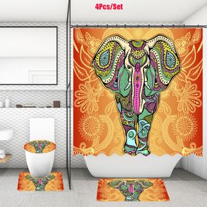 4 pièces/ensemble salle de bain rideau de douche tapis de toilette aquarelle éléphant imprimé tapis de bain rideaux écran avec tapis antidérapant tapis décor à la maison avec crochets