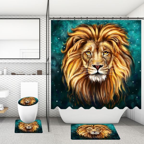 4 pièces/ensemble salle de bain rideau de douche tapis de toilette Lion éléphant Jaguar loup imprimé salle de bain tapis de bain rideaux écran avec tapis antidérapant