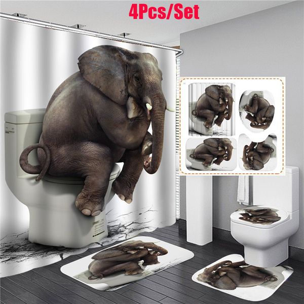 4 pièces/ensemble salle de bain rideau de douche tapis de toilette aquarelle éléphant imprimé tapis de bain rideaux écran avec tapis antidérapant tapis décor à la maison