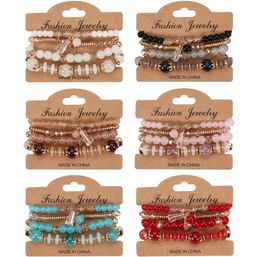 4-delige set Boheemse ontwerper stapelbare kralenarmbanden voor vrouwen, meerlaagse armband, hanger, charme, kleuren kwastje, stretcharmbanden