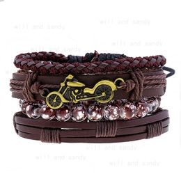 4 pièces/ensemble Bracelet en cuir tressé réglable perlé rétro hommes moto Bracelets Bracelet manchette Bracelet Hip Hop bijoux cadeau