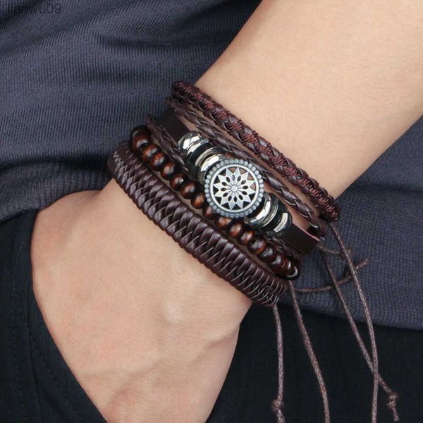 4 Pcs Ensemble Tressé Wrap Bracelets En Cuir pour Hommes Vintage Vie Arbre Gouvernail Charme Perles En Bois Ethnique Tribal Bracelet Corde Bracelet L230704