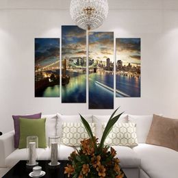 4pcs / set Brooklyn Bridge Night View No Frame Wall Art Peinture à l'huile sur toile Peintures de paysage marin Photo Décor Living Room315H