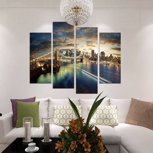 4 unids / set Puente de Brooklyn Vista Nocturna Sin Marco Arte de la Pared Pintura Al Óleo Sobre Lienzo Pinturas de Paisaje Marino Imagen Decoración Sala de estar 293G