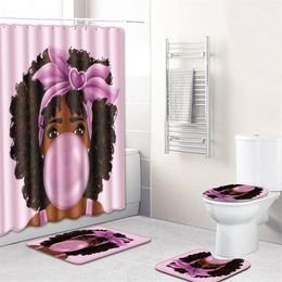 4 pièces ensemble tapis salle de bain coussin de pied femme africaine tapis de bain et rideau de douche ensemble PVC toilette siège de toilette couvre décor à la maison T200102297i