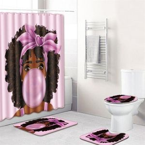 4 pièces ensemble tapis salle de bain coussin de pied femme africaine tapis de bain et rideau de douche ensemble PVC toilette siège de toilette couvre décor à la maison T200102263i