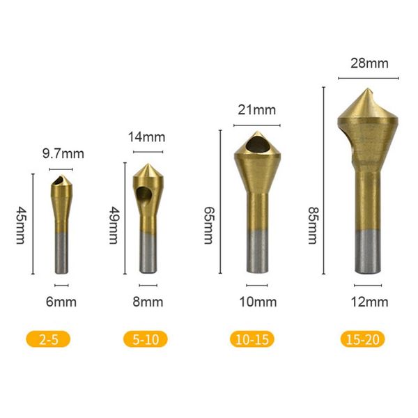 4pcs / set CounterSink Cutter Chanfror Drill Bit Tool HHS Tool deburring Metal Wood Drill Bits Ensemble pour le déburlateur / alésage