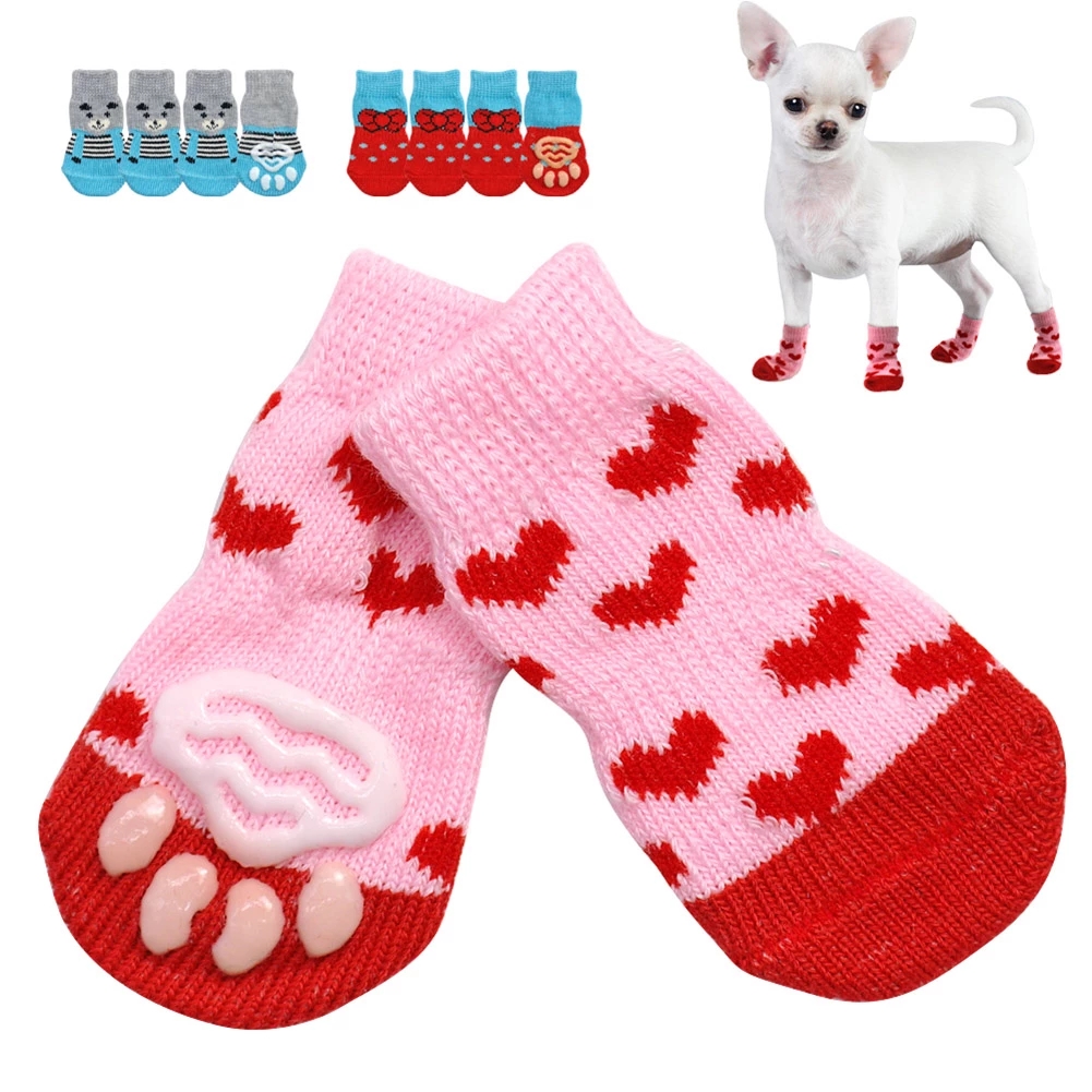 4 unids/set bonitos calcetines de punto para perros pequeños, zapatos antideslizantes de algodón para gatos para Otoño Invierno, ropa interior, Protector de pata antideslizante, w-00530