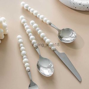 4pcs / set mignon argent couverts ensemble perle poignée 304 en acier inoxydable Valentine cadeau couverts couteau fourchette cuillère Cubiertas argenterie HKD230812