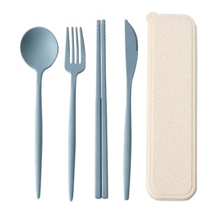 4PCS/Set Cutlery Flatware Sets Wheat Straw Spoon Fork Chopsticks With Box Students Tableware Travel Portable Dinnerware
