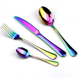 4 pièces/ensemble ensemble de couverts multicolore arc-en-ciel en acier inoxydable couteau fourchette ensemble de vaisselle miroir argenterie ensemble de vaisselle pour 1