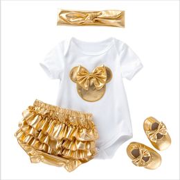 4 stks Set voor Baby Golden Clothing Sets Rompertjes + PP Shorts + Hoofdband + Schoenen Pasgeboren Pak Zuigeling Kleding Peuter Outfits S-M-L-XL 0-2YARS