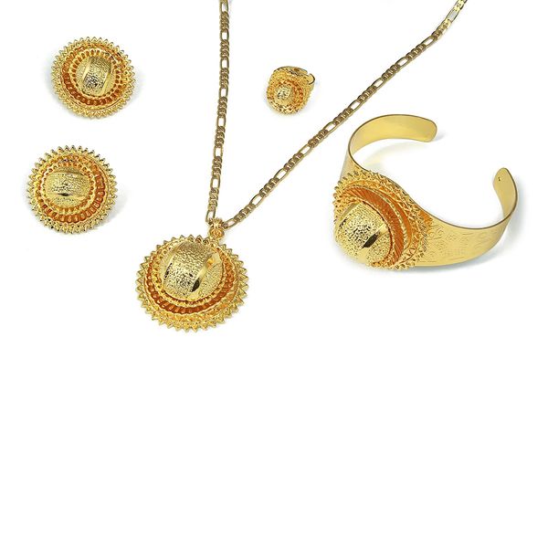 4pcs / set Boucles d'oreilles à bague en bracelet en or pour les femmes Collier pendentif éitrée Afrique et éthiopie éthiopie éthiopie des bijoux de mariée 240424