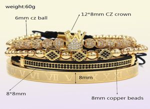 4pcs Set Gold Black Hip Hop Bracelet perlé Men Copper Pave CZ Zircon Crow