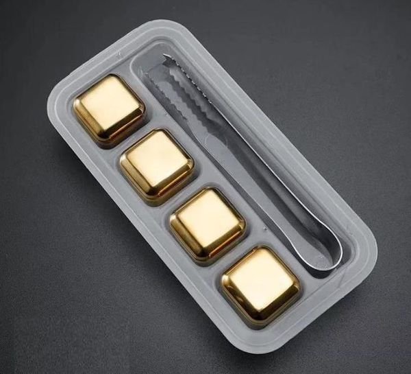 4pcs / set Gold Cube Ice Coolers Frozen Moule En Acier Inoxydable Métal Modèle pinces Café Boisson Whisky Bar Glaces Vin Pierre Fournitures Créatives SN2321