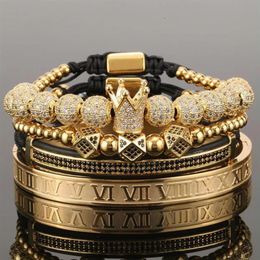 4 pièces ensemble or Hip Hop fait à la main Bracelet de perles hommes cuivre pavé CZ Zircon couronne chiffres romains Bracelets Bracelets Jewelry271A