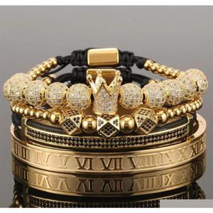 4 Stuks Set Goud Hip Hop Handgemaakte Kralen Armband Mannen Koper Pave Cz Zirkoon Kroon Romeinse Cijfer Armbanden Armbanden sieraden Bxyni3326