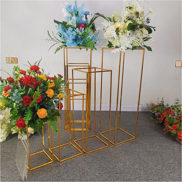 4 unids/set decoración de boda dorada, electrochapa de hierro, accesorios geométricos colocados, suministros de estación T de plomo para carretera, pedestal rectangular para boda