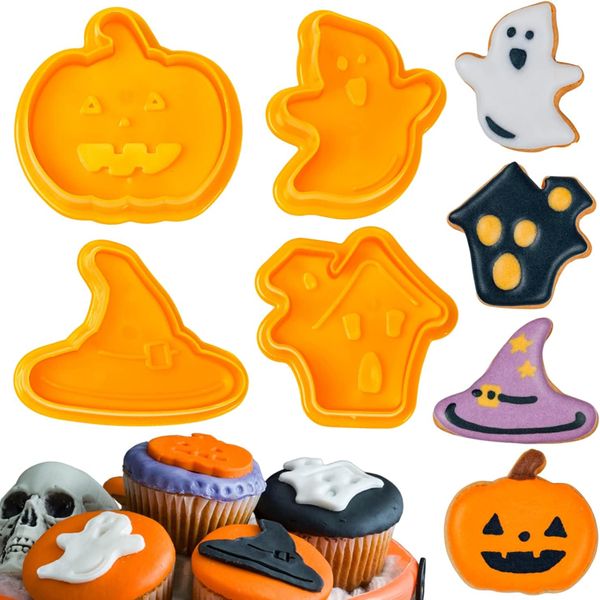 4Pcs / Set Halloween Biscuit Moule Citrouille Fantôme Thème En Plastique Cookie Cutter Plongeur Fondant Chocolat Moule Gâteau Décoration Outils YFA1924