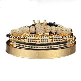 4 pièces/ensemble Hip Hop tressé Bracelet hommes pavé CZ Zircon couronne chiffre romain Bracelet bijoux de luxe livraison directe 240219