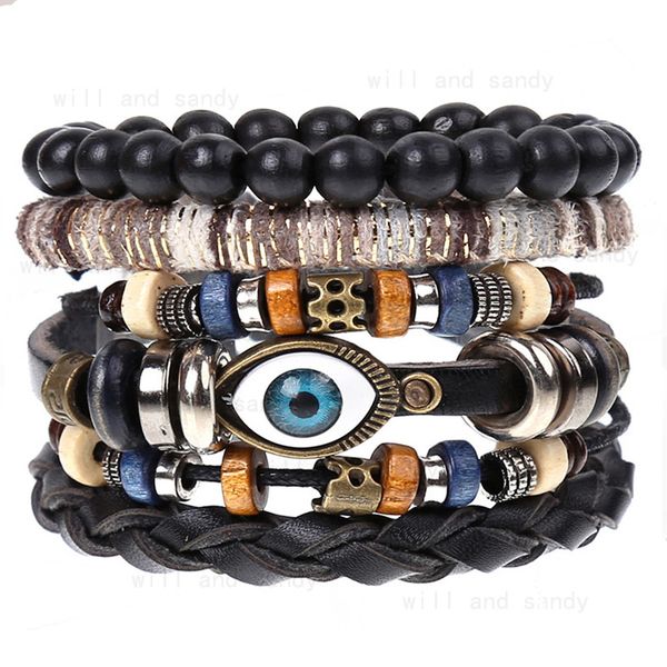 4 pièces/ensemble Bracelets en cuir mauvais oeil multicouche Wrap Bracelet ensemble Bracelets manchette Bracelet hommes mode bijoux cadeau