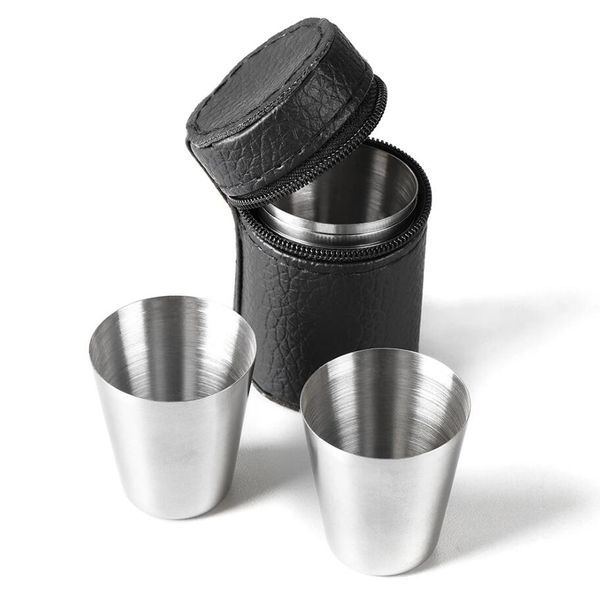 4 unids/set de tazas de acero inoxidable prácticas para viajes al aire libre, Mini juego de vasos para whisky, vino con estuche, vasos portátiles de 30ml/70ml