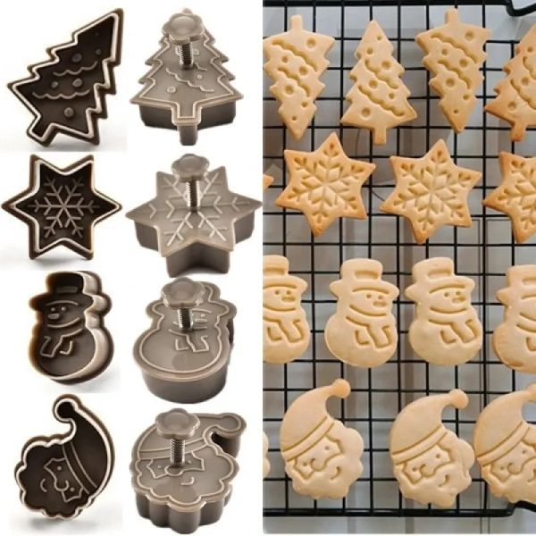 4 unids/set moldes de plástico para hornear galletas muñeco de nieve/copo de nieve/árbol de Navidad/patrón de Papá Noel moldes para hornear JN07