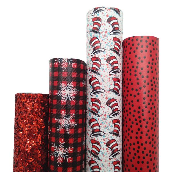 4pcs / ensemble Tissu en vinyle de paillettes rouges Assortir avec des flocons de neige tartans en faux cuir imprimé pour les boucles d'oreilles Bows Diy 21x29cm Q238