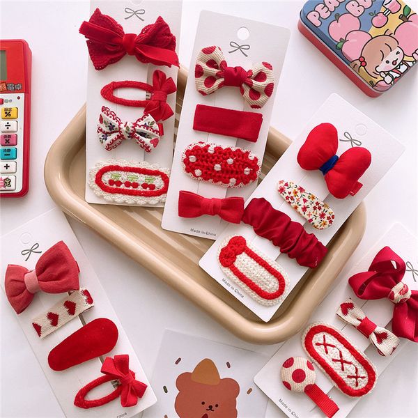 4 unids/set de horquillas rojas para niñas, Clips de flequillo con lazo de tela, accesorios navideños para el cabello para bebés, pinzas para el pelo coreanas dulces tejidas, regalo para niños