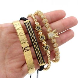 4 шт. набор браслет из нержавеющей стали с римскими цифрами для женщин и мужчин браслет для пары Золотая Корона браслеты Jewelry220M