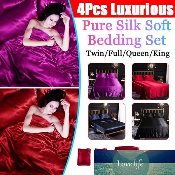 4pcs / set romantique doux satin de soie ensemble de literie maison textile lit ensemble drap plat drap housse taie d'oreiller double pleine reine king size fa191p