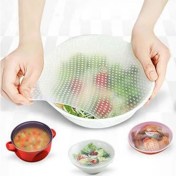 4 unids / set Silicone Cling Film Herramienta de cocina Reutilizable multifuncional Eco Fresco Almacenamiento Almacenamiento Almacenamiento Wrap Wrap Funda abrigo Tapa Estirar Poss JY0084