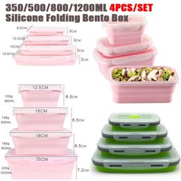 4 stks / set Silicone Rechthoek Lunchbox Inklapbare Bento Folding Food Container Bowl 300 / 500/800 / 1200ml voor servies 211104
