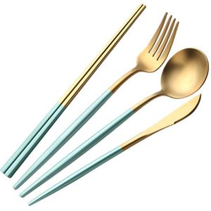 4 stks / set Roestvrijstalen bestek Set Solid Fork Mes Lepel Chopsticks Servies Set European Dinner Set Western Eastern