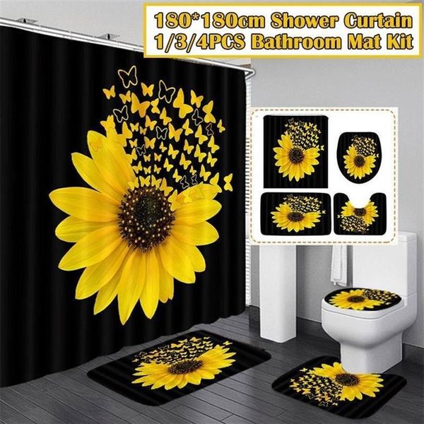 4 pièces ensemble tournesol papillon imprimé rideau de douche imperméable salle de bain rideau couverture de toilette tapis tapis antidérapant ensemble baignoire décor LJ20351w