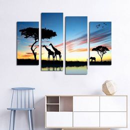 4 stks set Unframed Afrikaanse Giraffe Silhouet Print Op Canvas Wall Art Foto Voor Thuis en Woonkamer Decor250j