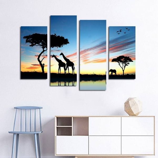 Conjunto de 4 Uds. De silueta de jirafa africana sin marco, impresión en lienzo, imagen artística de pared para decoración del hogar y la sala de estar 280F