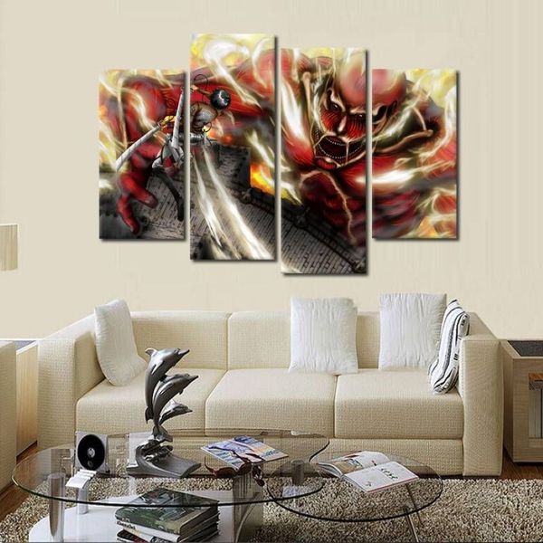 4pcs / set Attaque sans cadre sur Titan Fighting Anime Affiche Imprimer sur toile Mur Art Peinture Art Image pour la maison et le salon213o