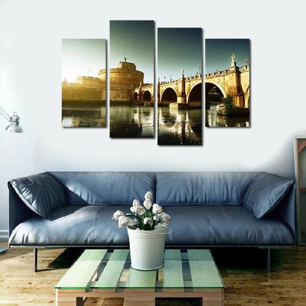 Ensemble de 4 pièces sans cadre Castel Sant'Angelo et fleuve Tibre, impression HD sur toile, tableau d'art mural pour décoration de maison et de salon 2040